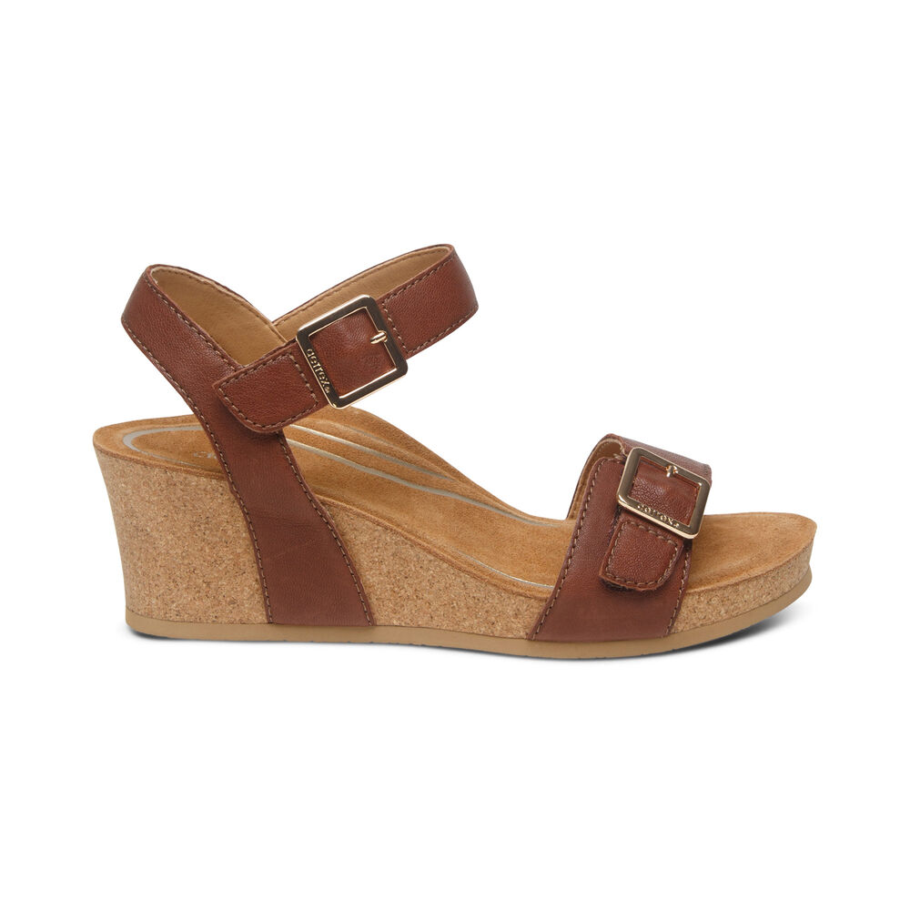 Aetrex Women's Lexa Quarter Strap Wedge Sandals - Walnut | USA RC978RC